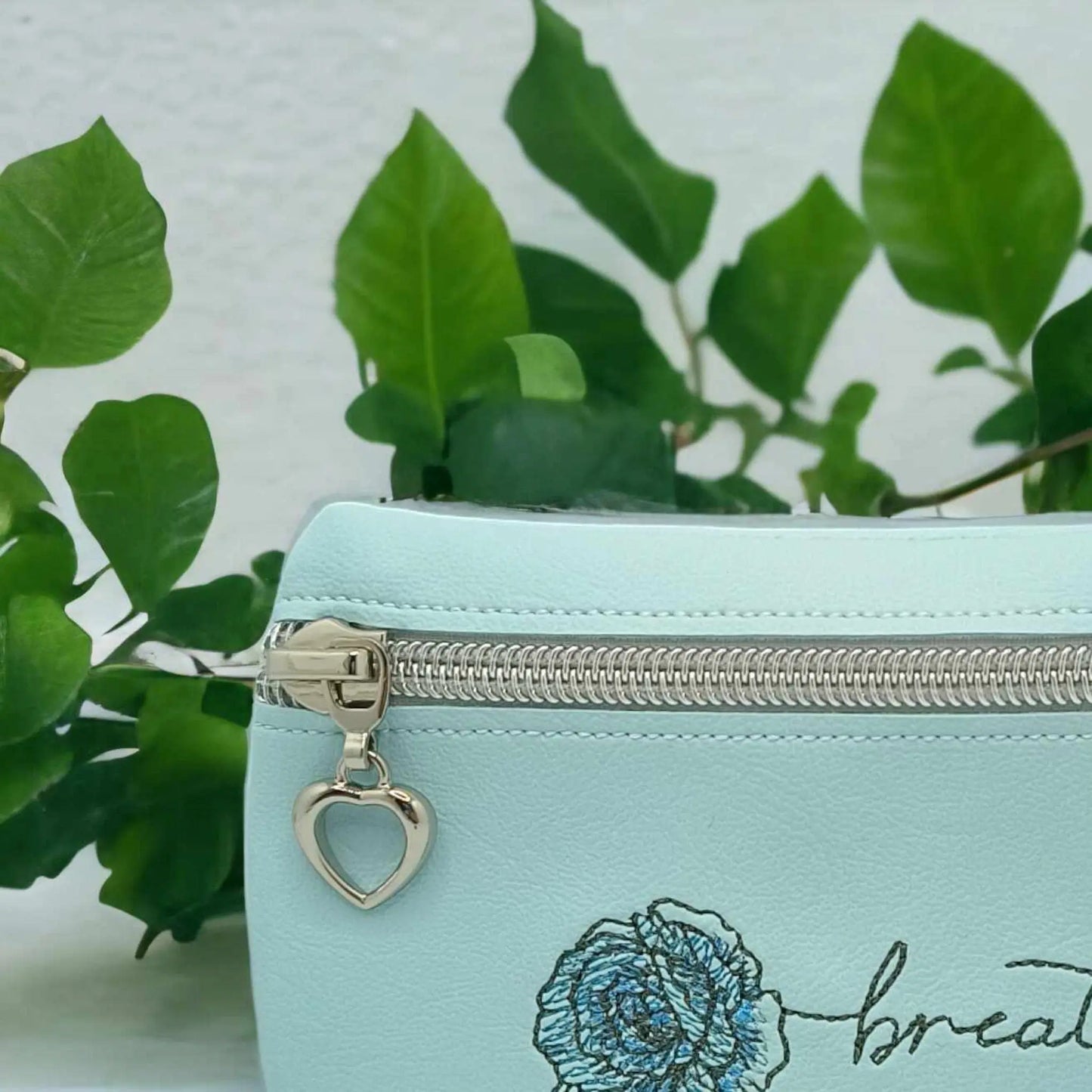 Light Blue Zipper Coin Purse with Breathe Rose Design, made in Australia