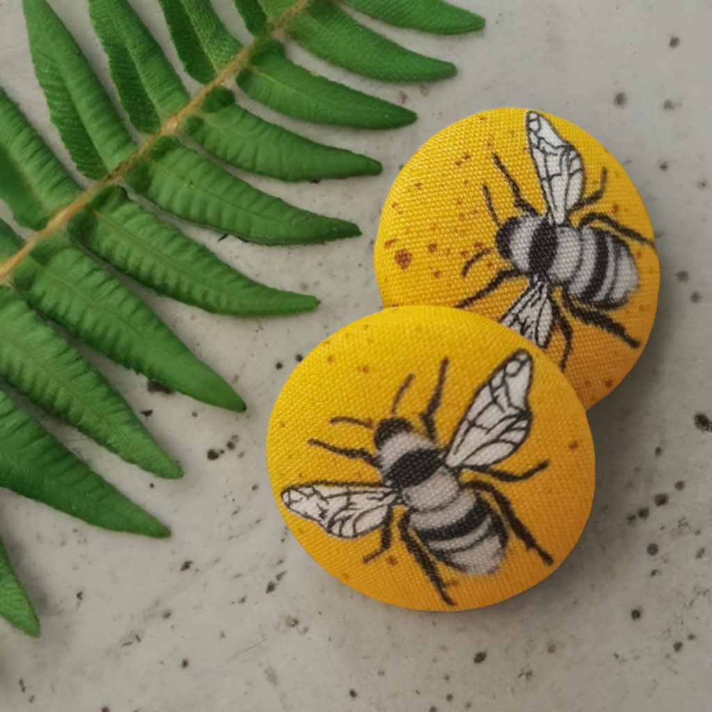 Bee Fabric Stud Earrings, Cute Yellow Button Earrings, Handcrafted in Australia