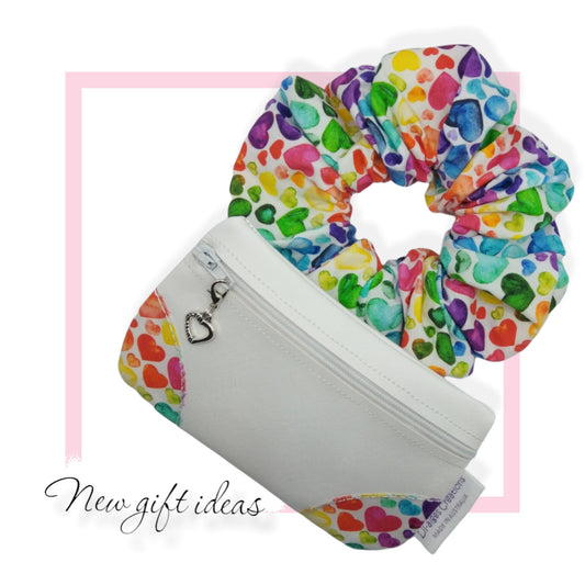 READY TO POST - Rainbow hearts scrunchie and coin purse gift set, made in Australia