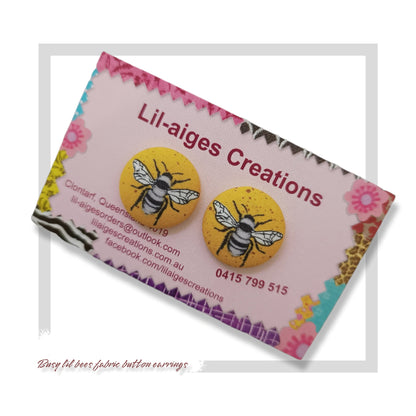 Fabric Stud Earrings | Cute Yellow Bee Button Earrings | Made in Australia