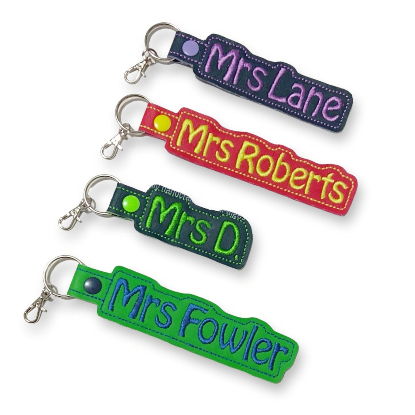 Teacher name key fobs, Pink and Purple Thread Choices, made in Australia