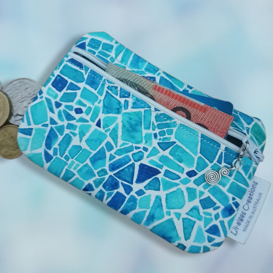 Blue Mosaic Vinyl Coin Purse, Handmade Gift, made in Australia