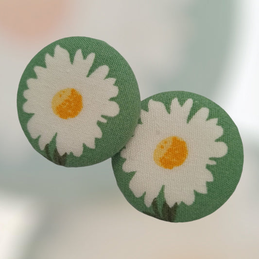 White summer daisy on light green themed fabric button earrings