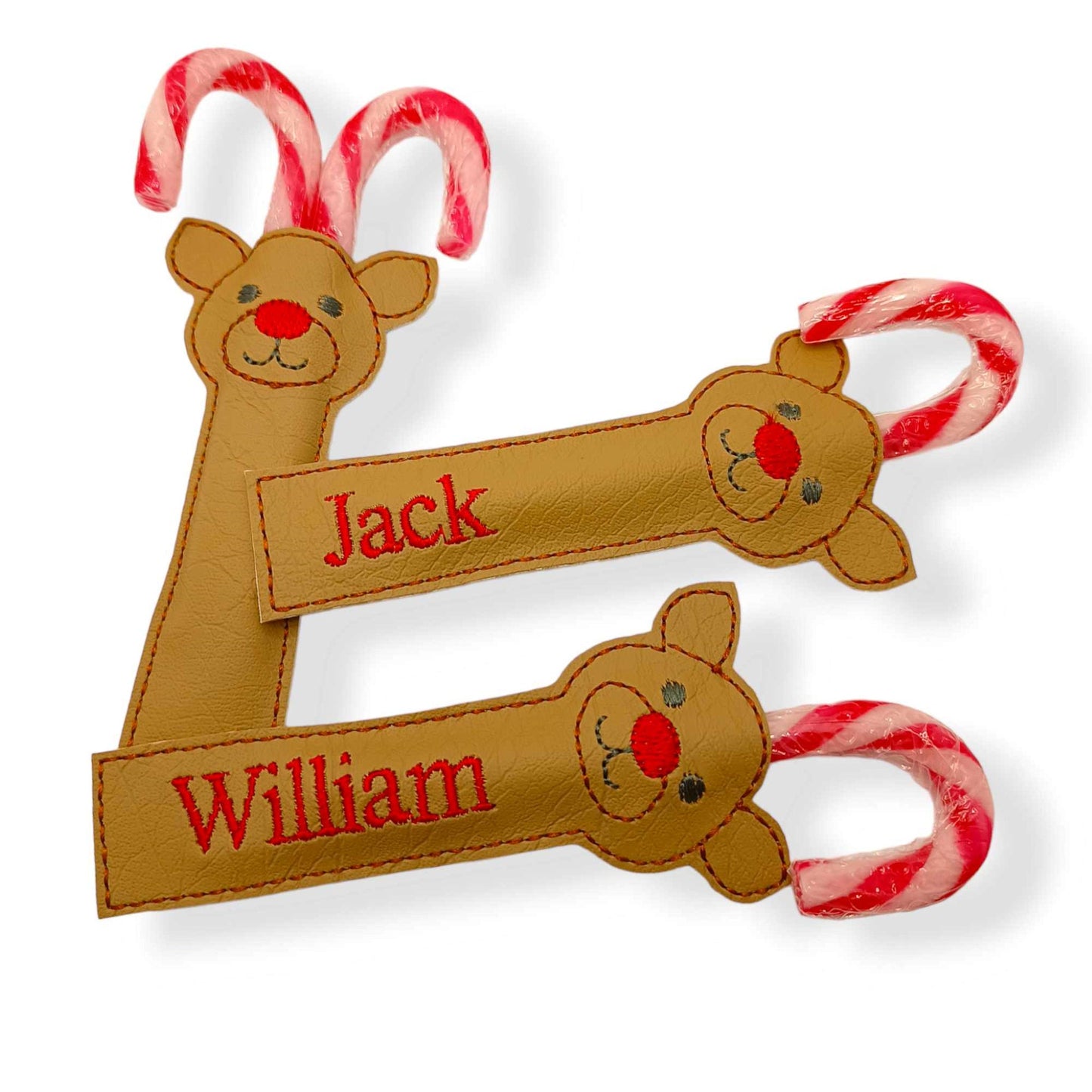 Boy Personalised Reindeer Candy Cane Holders, with Name Options, Christmas Stocking Filler, made in Australia