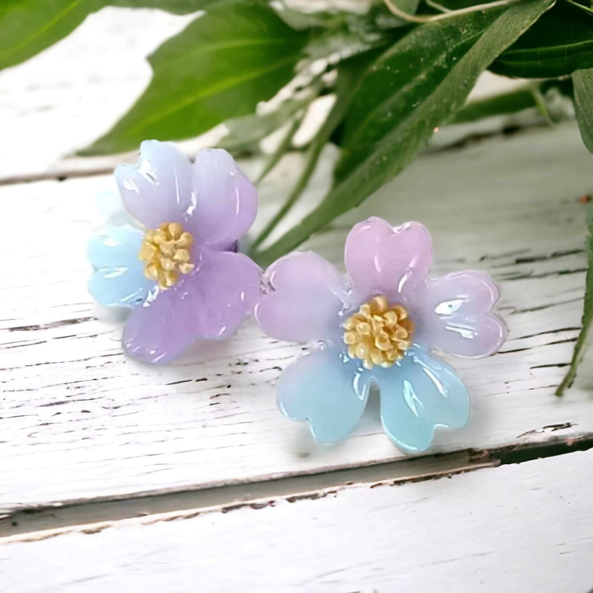 Purple Blue Flower Resin Earrings - Unique Novelty Jewellery