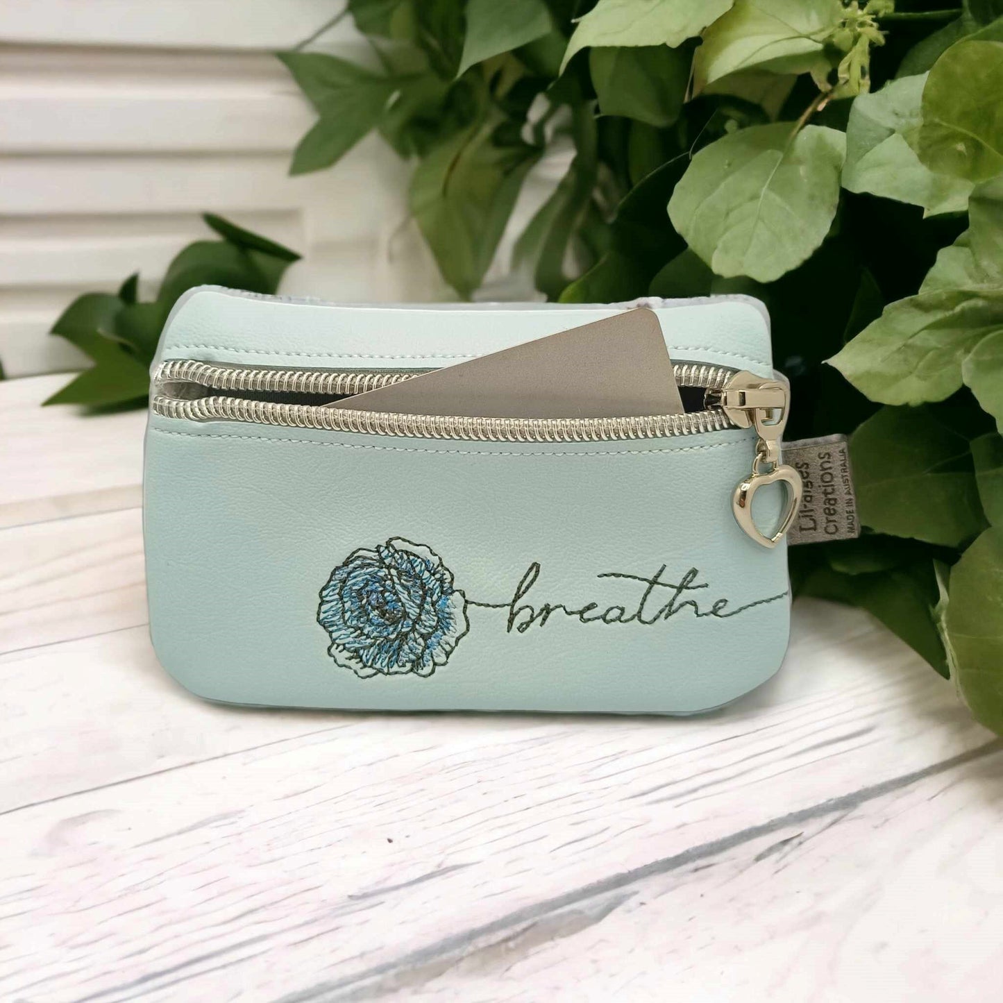 Light Blue Zipper Coin Purse with Breathe Rose Design, made in Australia